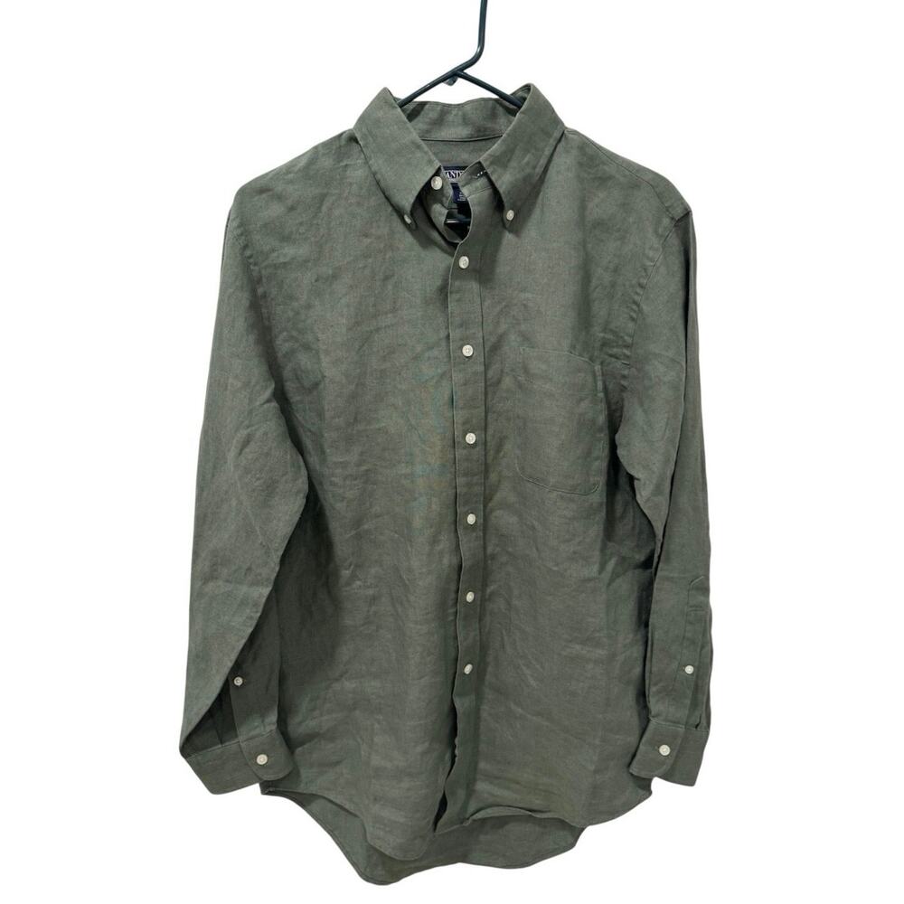 VTG Lands End 100% Linen Button Up Shirt Mens 15 -32 Green Long Sleeve EUC